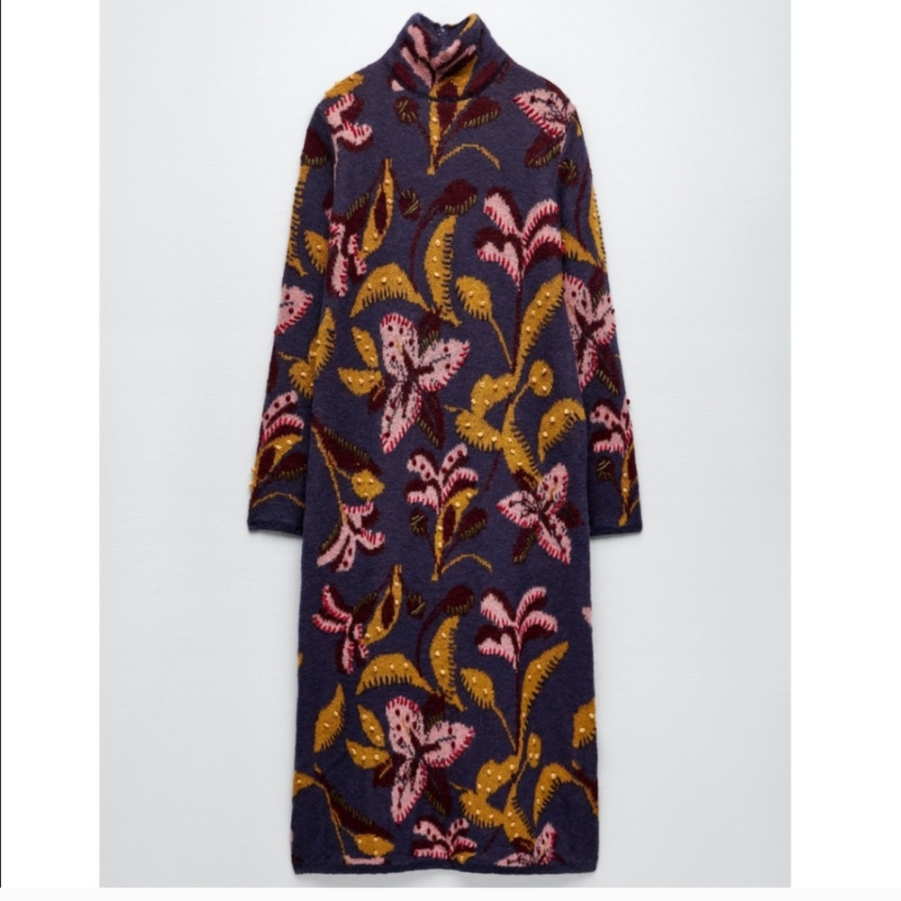 ZARA Limited Edition Embroidered Knit Long Dress SMALL